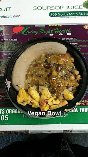 Vegan bowl- ackee, green banana, all kinds of beans, pumpkin, mixed vegetables at Living Right Health Bar in Naugatuck