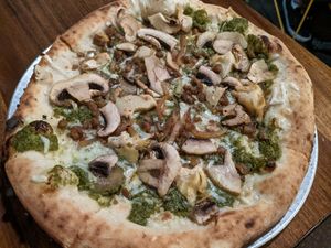 Vegan pesto with vegan sausage at Brigade Pizzeria in Montreal