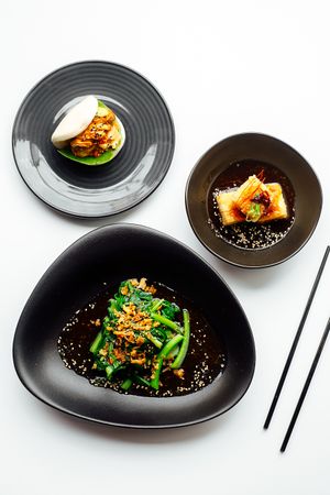 asian greens / agedashi tofu / panko mushroom & kimchi bao at I Like Ramen in Fortitude Valley