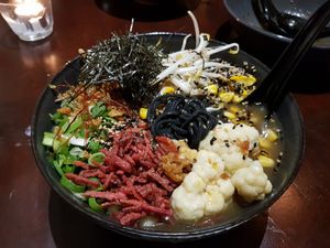 Cauliflower ramen with charcoal activated noodles at I Like Ramen in Fortitude Valley