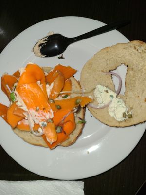 Vegan lox, cream cheese and bagel plate at BernBaum's in Fargo