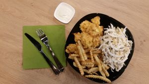 Cauliflower nuggets, baked fries, salad and sauce.  at Vegan Heaven in Lublin