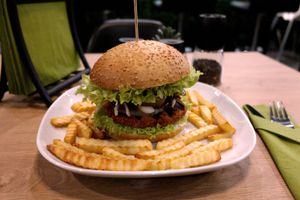 Vegan burger with baked fries. at Vegan Heaven in Lublin