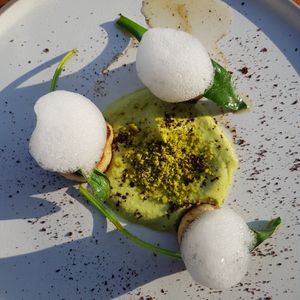 Mushroom (scallops) stem with pistachios mouche & avocado and pepper and coffee (amazing!) at Bonboon in Amsterdam