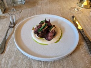 Glazed eggplant with mint/curry leaf oil and many other flavors at Bonboon in Amsterdam