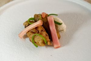 Pre-dessert: Spring onion, rhubarb and apple beignet at Bonboon in Amsterdam