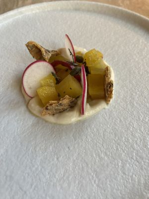 1st course with quinoa creme, quinoa crackers and yellow beets: very good  at Bonboon in Amsterdam