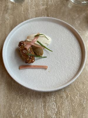 Pre-dessert with rhubarb beignet, apple compote and ‘hangop’. Tasty and a bit sour  at Bonboon in Amsterdam