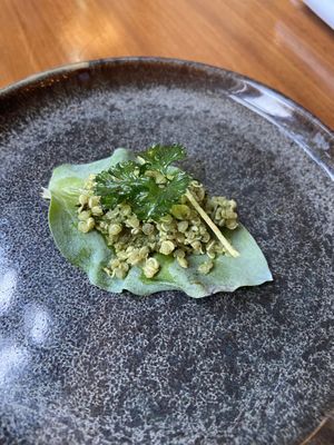 Amuse with quinoa and fried parsley on sage (?). Tasty and good savoury flavour. at Bonboon in Amsterdam