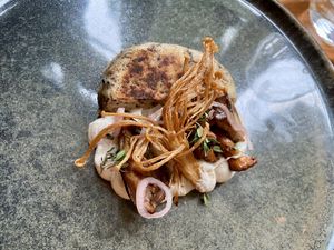 2nd course with flatbread, mushrooms and sunflowerseed mousse. One of our favourites! Very tasty and creamy at Bonboon in Amsterdam