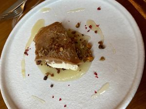 Pre-dessert with chestnut crêpes and soy ricotta. Quite nice, but the crêpe seemed a bit soaked (not crispy) at Bonboon in Amsterdam