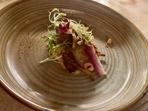 2nd course with aardpeer, fried oyster mushroom and salad. Tasty dish, especially the oyster mushrooms. at Bonboon in Amsterdam