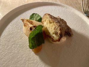 Pre-dessert: oliebol with stewed pear and soy labneh. Very good! Nice twist to a traditional Dutch delicacy. at Bonboon in Amsterdam