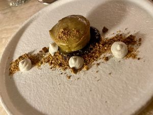 Dessert: pistachio and vanilla cake with forest fruit jelly and lavender cream. Quite good, but the lesser of the 5 courses at Bonboon in Amsterdam
