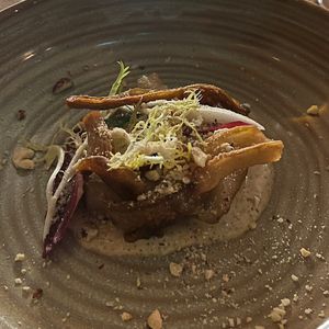 Koffie paddenstoelen crème met aardpeer, knapperige oesterzwam en hazelnoot  at Bonboon in Amsterdam