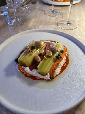 Almond ricotta, confit leeks, four kinds of carrot   at Bonboon in Amsterdam
