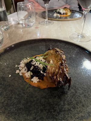 Romesco, fermented tofu, ash of chives, chargrilled cabbage, raisin and spring onion agrodolce  at Bonboon in Amsterdam
