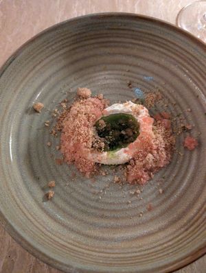 Pre-dessert course of watermelon & tomato granita with creme fraiche at Bonboon in Amsterdam