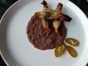 Bonboon of filo pastry | black beans & chocolate sauce | guindilla pepper at Bonboon in Amsterdam