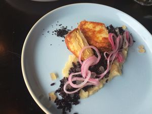 Celeriac with mustard-miso filling | black rice | apple jelly | pickled red onion at Bonboon in Amsterdam