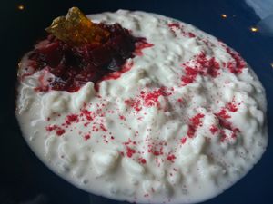 Coconut milk | rice | rhubarb | caramel | nuts | lavender at Bonboon in Amsterdam