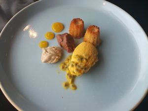 Little fennel cakes | citrus & carrot mousse | chocolate fudge | tahini caramel cream | mango gel | passion fruit at Bonboon in Amsterdam