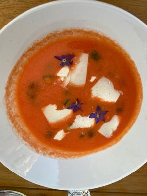 Soup with vegan “goat” cheese  at Bonboon in Amsterdam