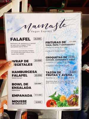 Menu at Namaste Vegan Food in Guatape