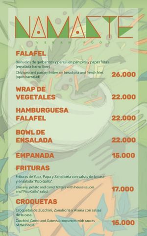 Menu as of May 2022, page 1  at Namaste Vegan Food in Guatape