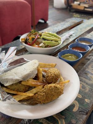 Falafel, sauces, salad bar  at Namaste Vegan Food in Guatape