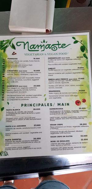 Menu at Namaste Vegan Food in Guatape
