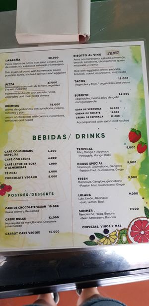 Menu at Namaste Vegan Food in Guatape