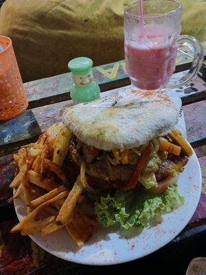 Falafel Burger (as big as my head) at Namaste Vegan Food in Guatape