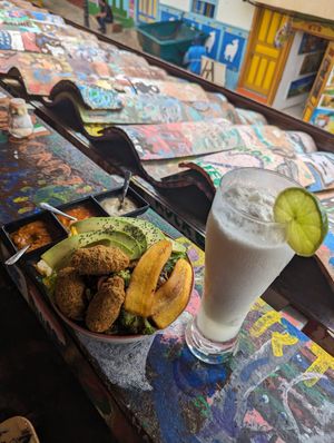 Salad and free sauces at Namaste Vegan Food in Guatape