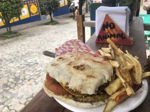 Falafel burger￼ at Namaste Vegan Food in Guatape