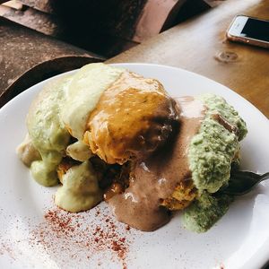 Croquettes... happy (and sad) to say they’re más rico than my own! Yay sauces! And so many of them too!  at Namaste Vegan Food in Guatape