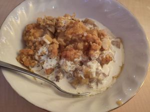 Apple crumble and cream at Bonnington Cafe in South West London