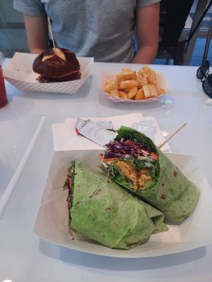 BBQ bacon cheeseburger, ranch chicken wrap and yucca fries at Veggy Street in Henderson