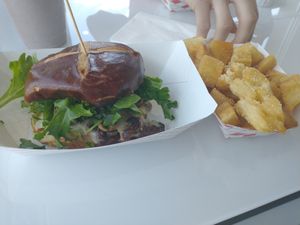 philly cheesesteak sandwich with yucca fries at Veggy Street in Henderson