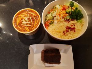 Stew with saffron rice and chocolate cake at Banu Café in Helsinki