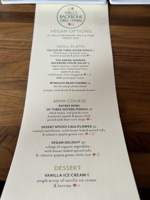 Vegan menu - you just need to ask   at Hell's Backbone in Boulder