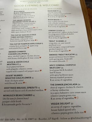 Vegan options on regular menu are noted   at Hell's Backbone in Boulder
