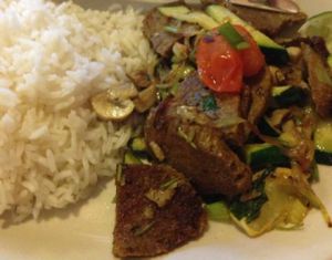 Seiten Buff with white rice at Himal Chuli in Madison