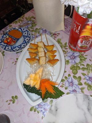 Bean curd skewers with satay sauce at Thai Boran in Derby