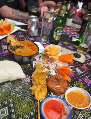 Bean curd massaman curry, bean curd satay skewers and corn fritters  at Thai Boran in Derby