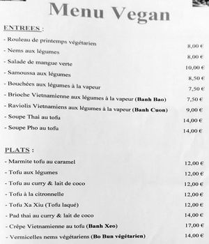 The dedicated vegan menu! at Au Vietnam in Paris