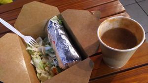 Regular set package: gaspacho soup, wrap and some salad. Comes with a drink not shown on the picture. at Mega Falafel in Tokyo