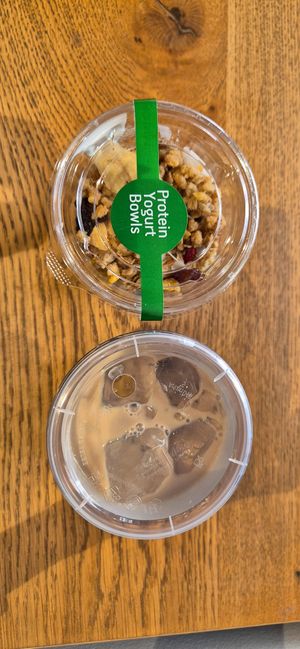 Iced Latte and Granola Greek yogurt bowl at Gregores in Athens