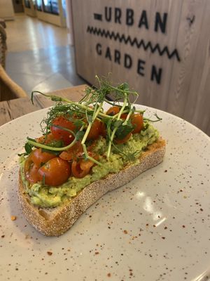 Bread with tomatoes at The Urban Garden in Vilnius