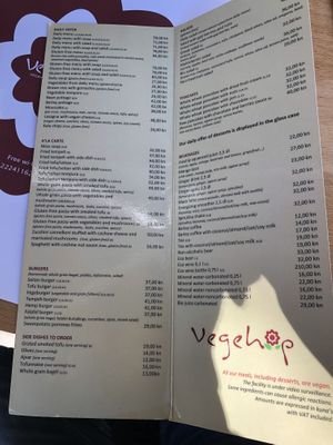 Menu at Vegehop in Zagreb